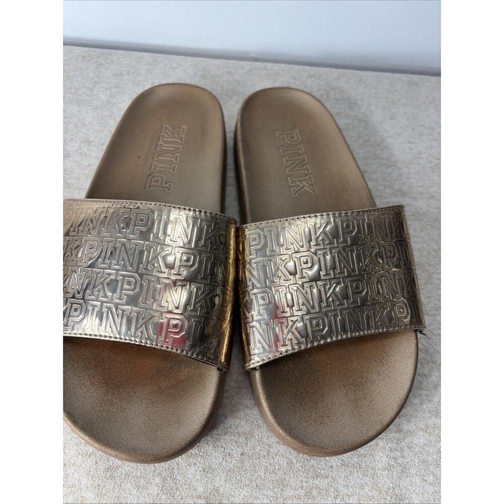 VICTORIAS SECRET PINK  BLING METALLIC SLIDES /FLIP FLOPS  Bronze Sz 7-8